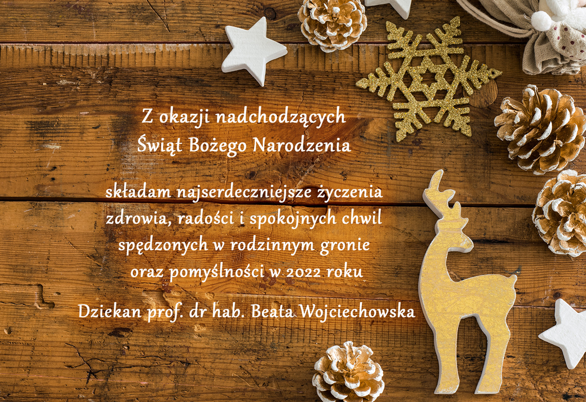 życzenia świateczne, w tle świąteczne ozdoby: szyszki, gwiazdki, jelonek