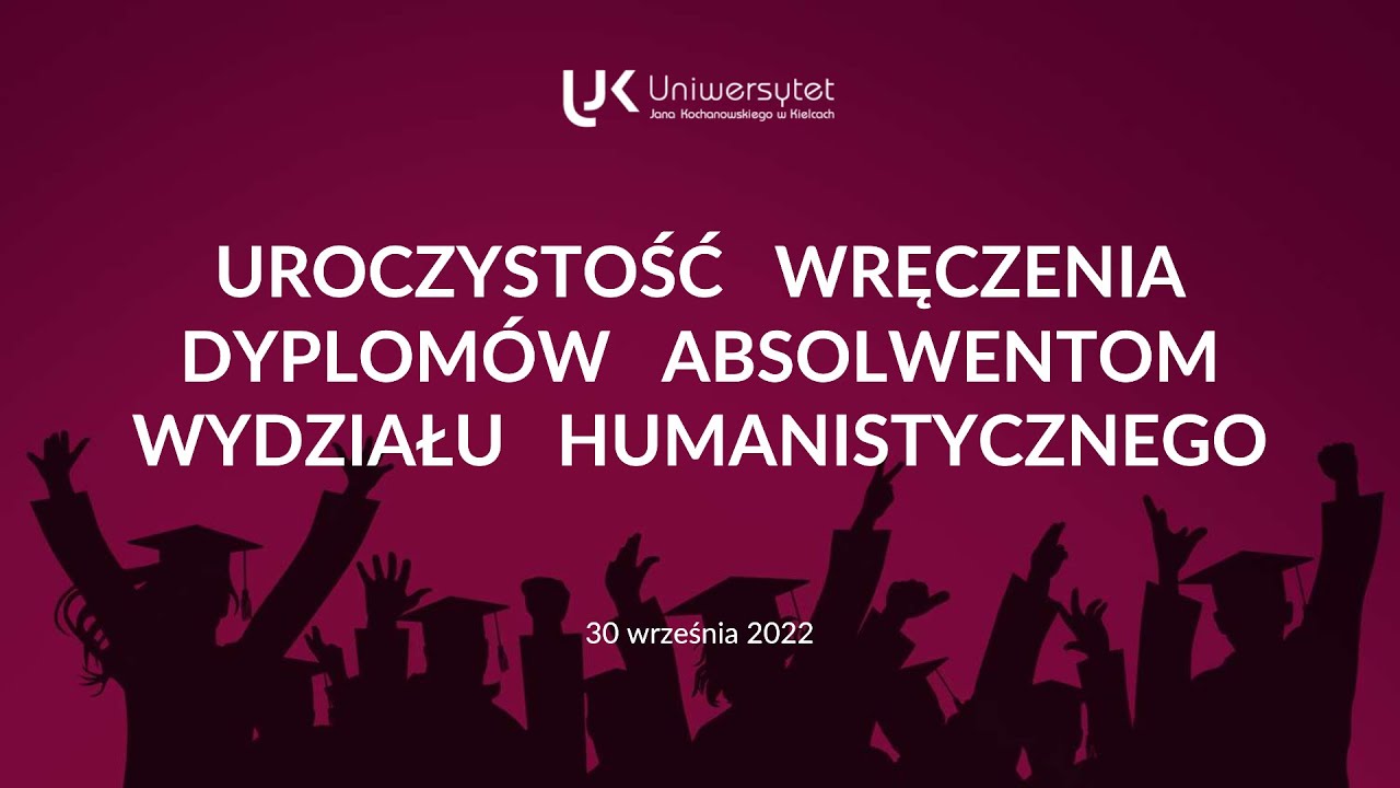 biały tekst na fioletowym tle, w tle czarne postacie studentów