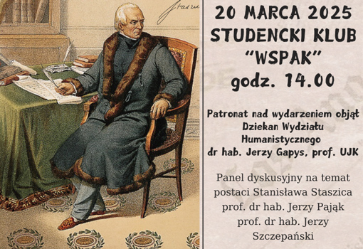 ilustracja Stanisław Staszic siedzący na krześle, trzyma pióro w ręce