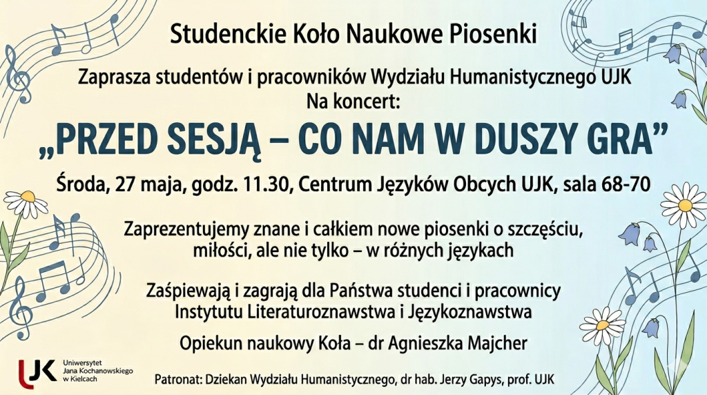 Zaproszenie w formie graficznej, tekst na żółto niebieskim tle z nutami i kwiatami