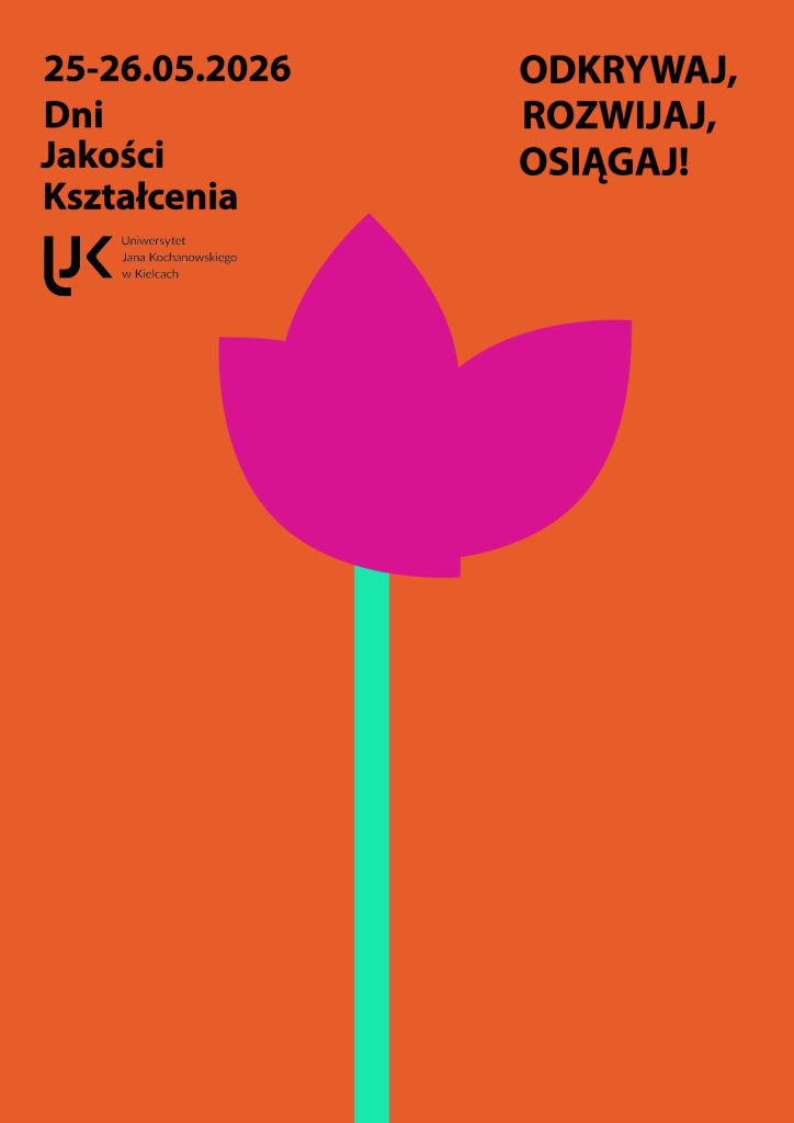 Plakat - prosta grafika, różowy kwiat na zielonej łodydze na pomarańczowym tle 