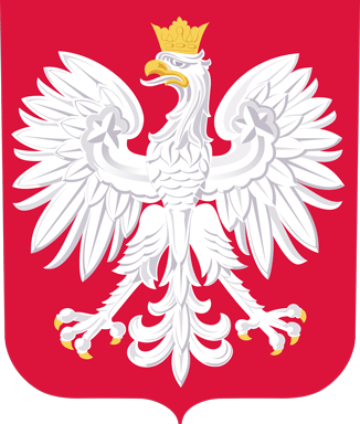Godło Polski przedstawiające białego orła ze złotą koroną, dziobem i szponami, z rozpostartymi skrzydłami na czerwonej tarczy herbowej.